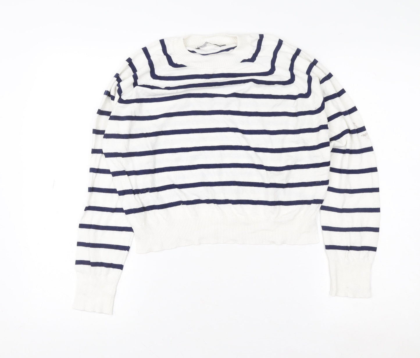 French Connection Women White Blue Striped Pullover Sweatshirt M