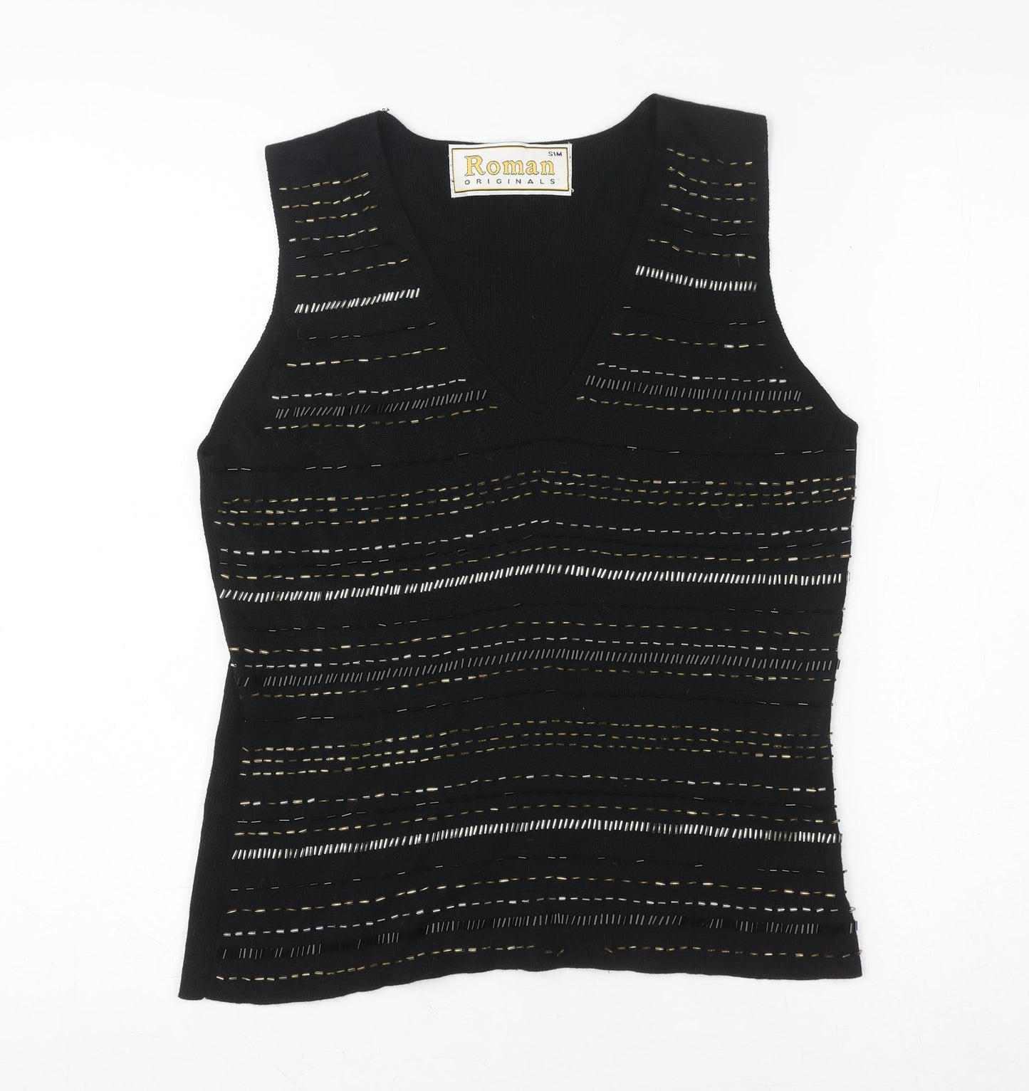 Roman Originals Womens Black Beaded Knit V-Neck Tank Top S