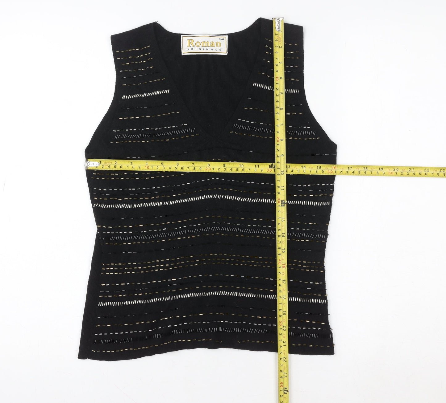 Roman Originals Womens Black Beaded Knit V-Neck Tank Top S
