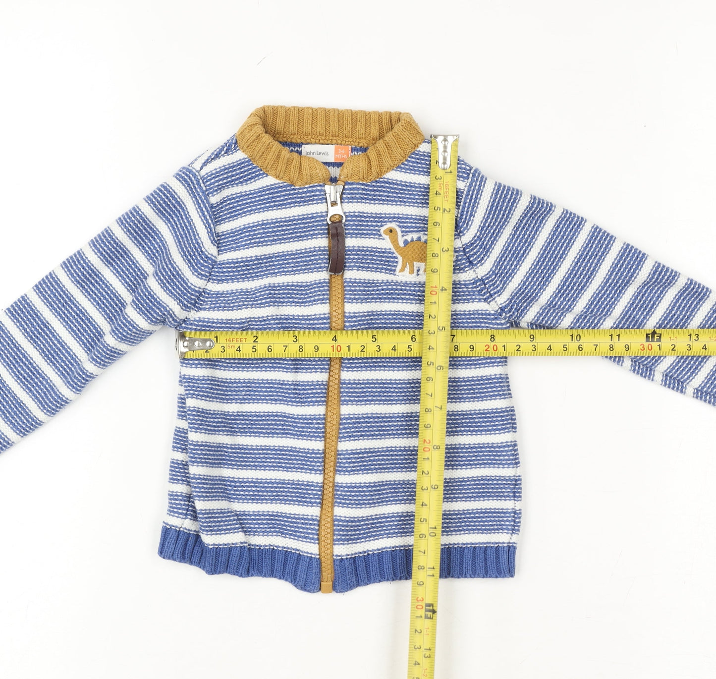 John Lewis Blue Striped Dinosaur Full Zip Cotton Baby Jumper 3-6 Months