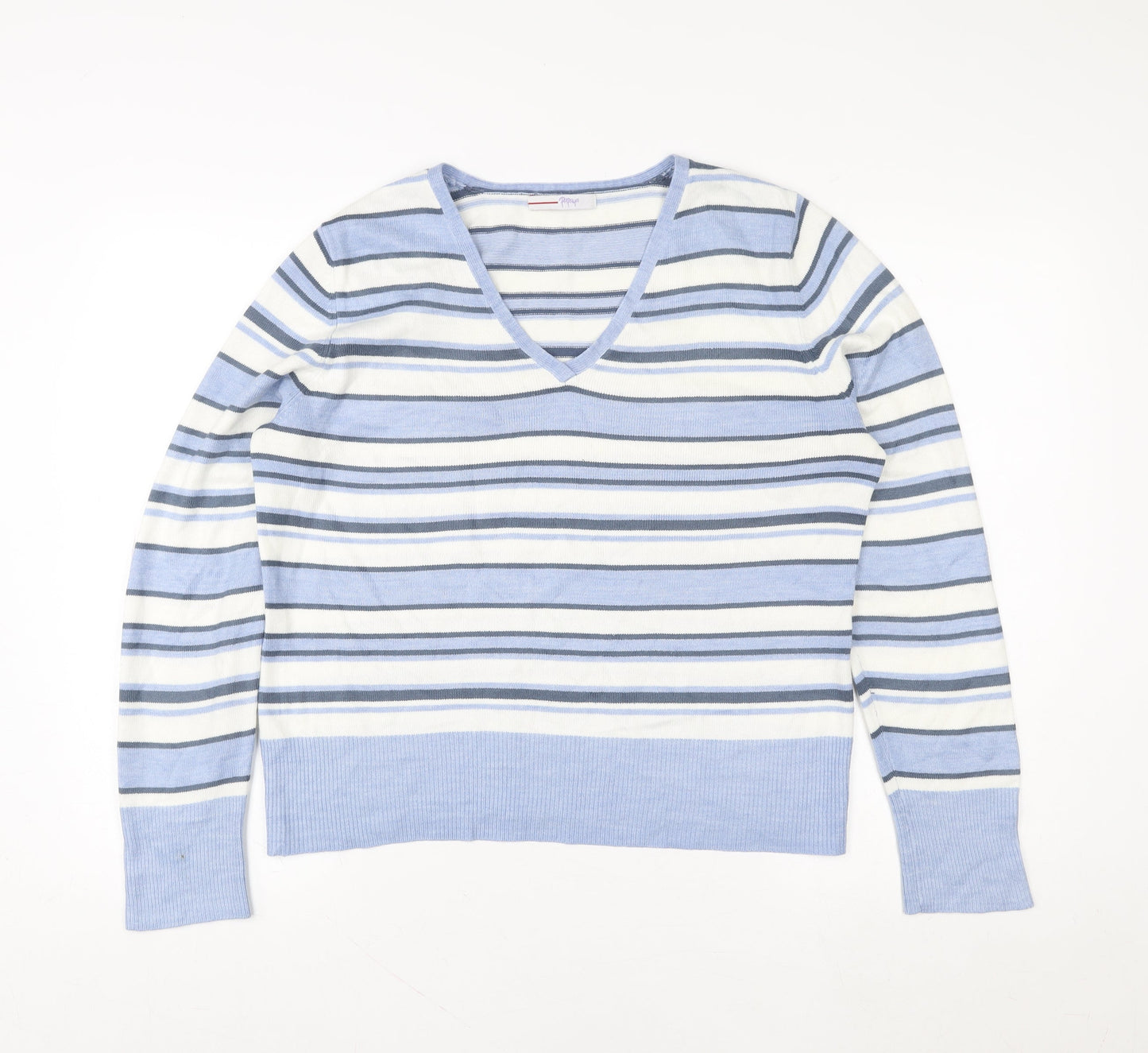 Papaya Women's Blue Striped V-Neck Pullover Sweater Size 16