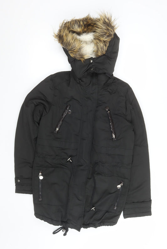 Z Design Women's Black Padded Parka Jacket with Faux Fur Hood Size S