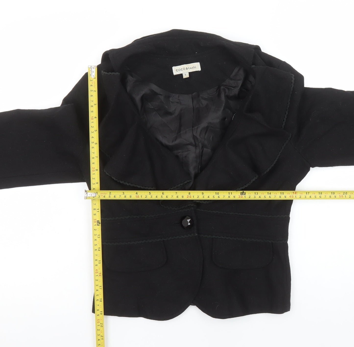 COCO & Tashi Women's Black Wool Blend Ruffle Blazer Jacket L