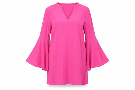 Topshop Women Pink Long Bell Sleeve V-Neck Shift Dress Size 14