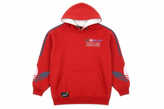 Front view of Adidas boys’ red pullover hoodie l fleece lined sports sweatshirt