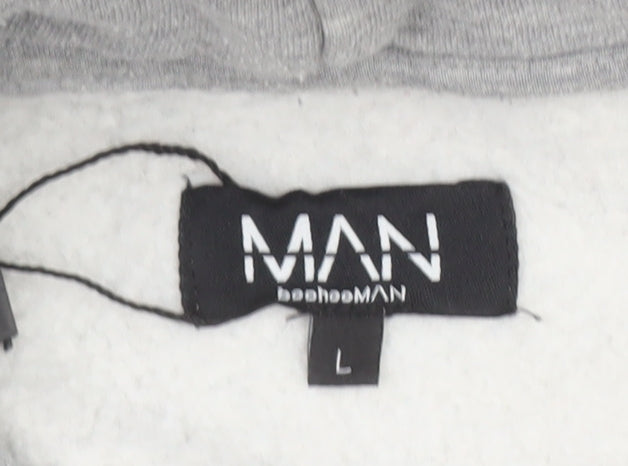 BoohooMAN Men’s Grey Pullover Hoodie L Logo Print Fleece