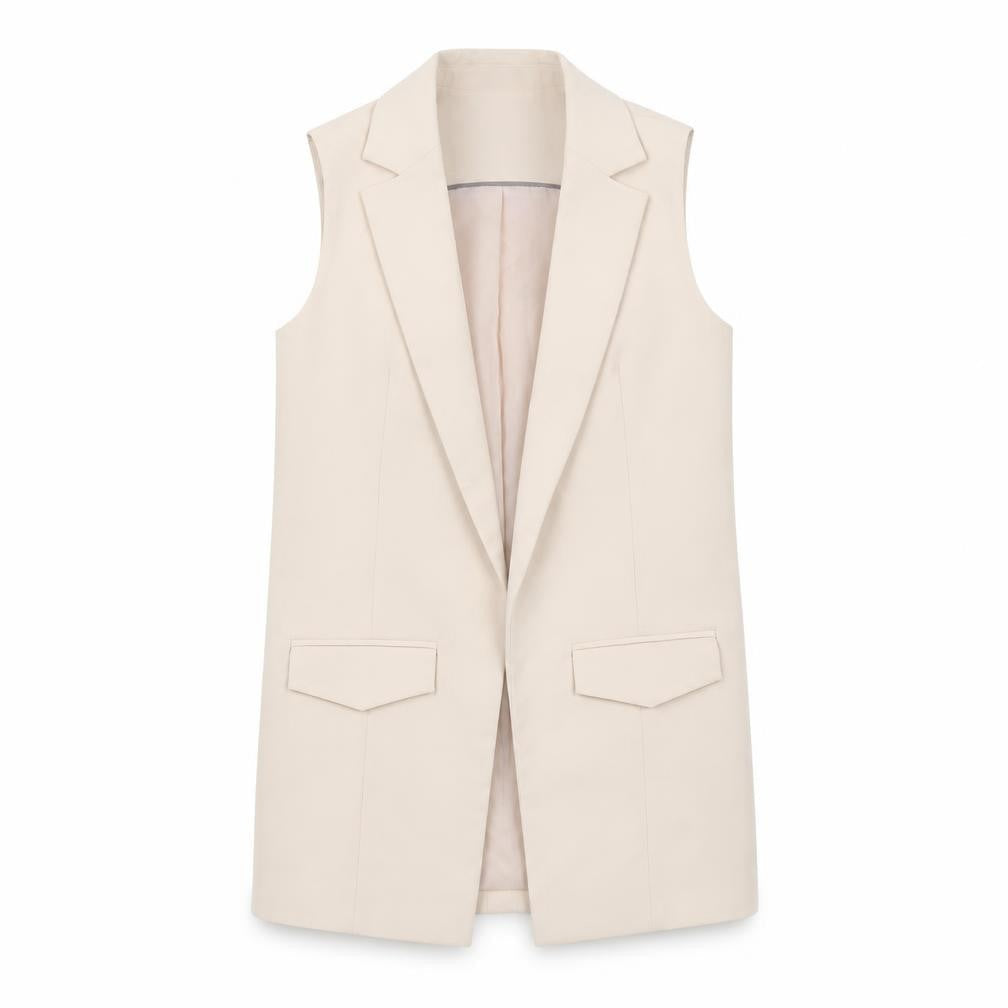Topshop Petite Women Beige Sleeveless Long Suit Waistcoat UK 8