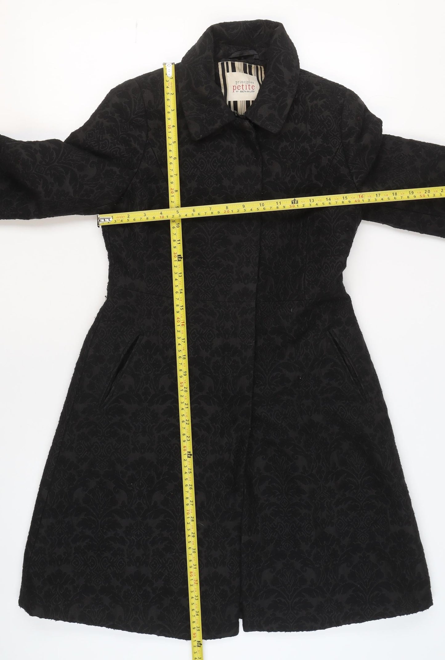 Principles Petite by Ben de Lisi Women's Black Floral Jacquard Long Coat Size 8
