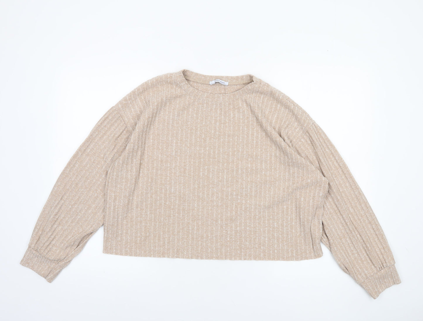 Zara Women Beige Cropped Knit Long Sleeve Sweater Top Size 12