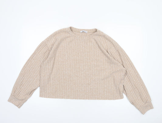 Zara Women Beige Cropped Knit Long Sleeve Sweater Top Size 12