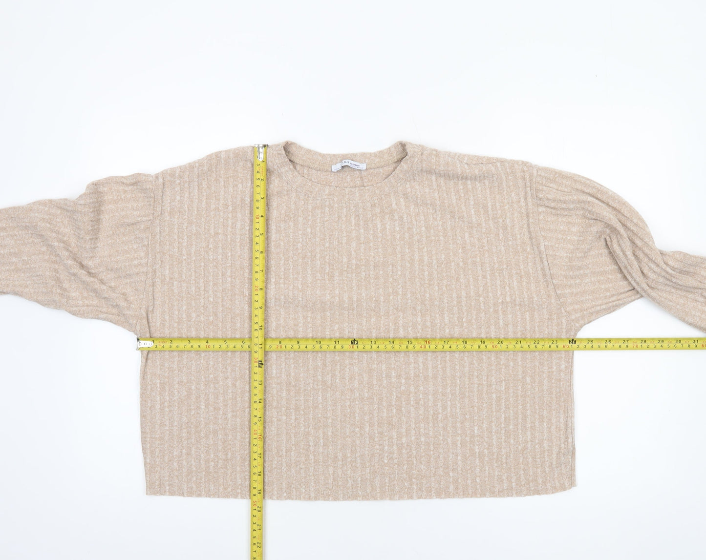 Zara Women Beige Cropped Knit Long Sleeve Sweater Top Size 12