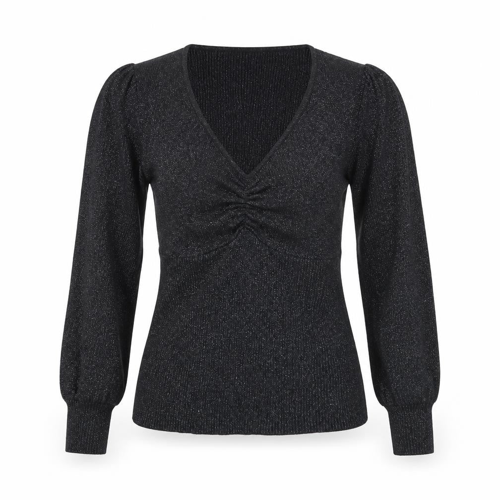Windsor Women’s Black Glitter V-Neck Puff Sleeve Slim Jumper Size S