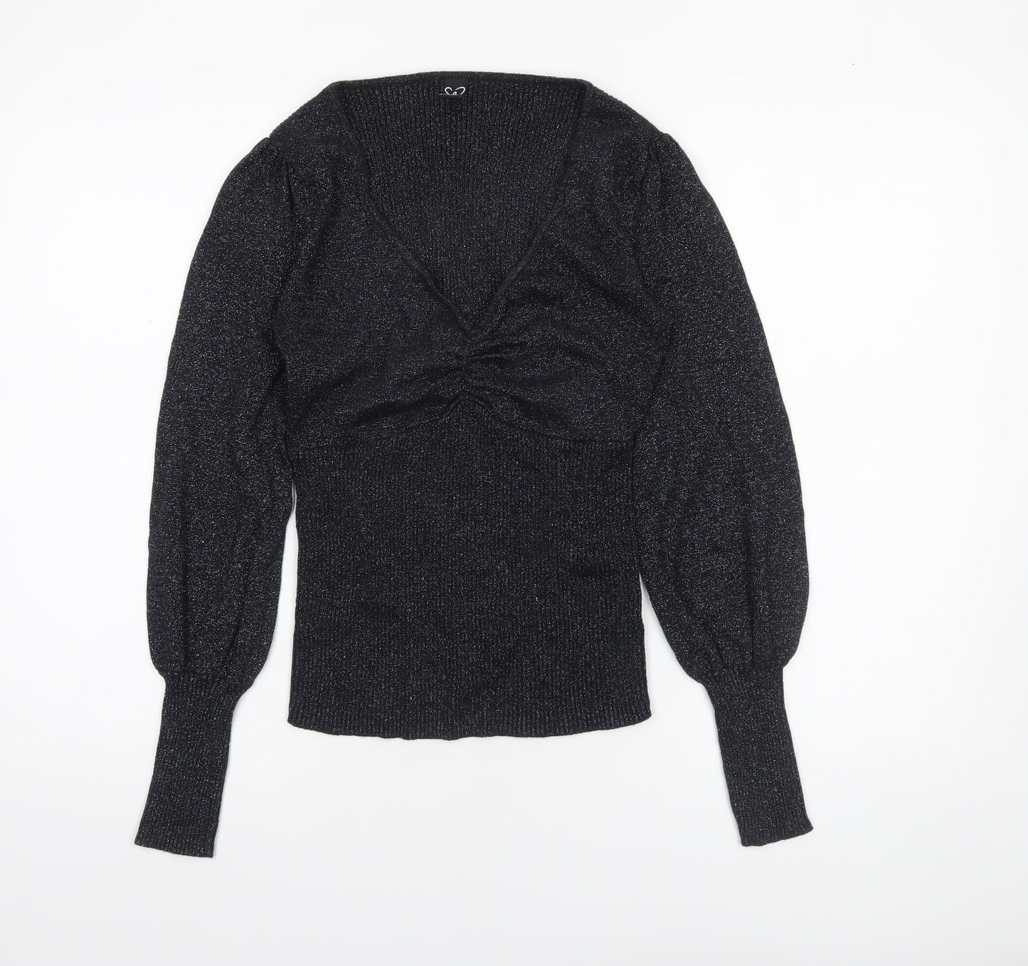 Windsor Women’s Black Glitter V-Neck Puff Sleeve Slim Jumper Size S