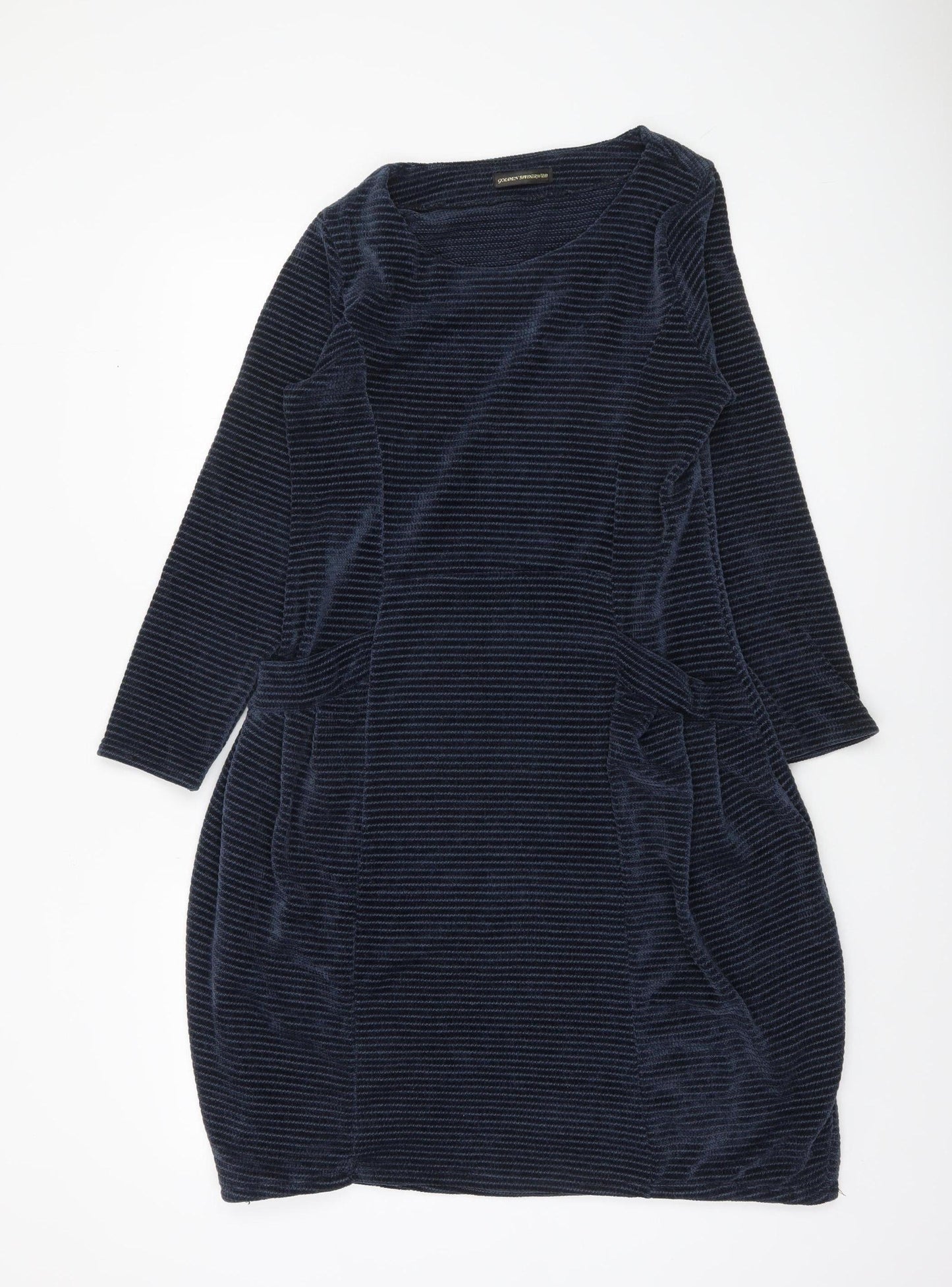 Golden Spiderweb Women's Blue Striped Velour Shift Dress XS