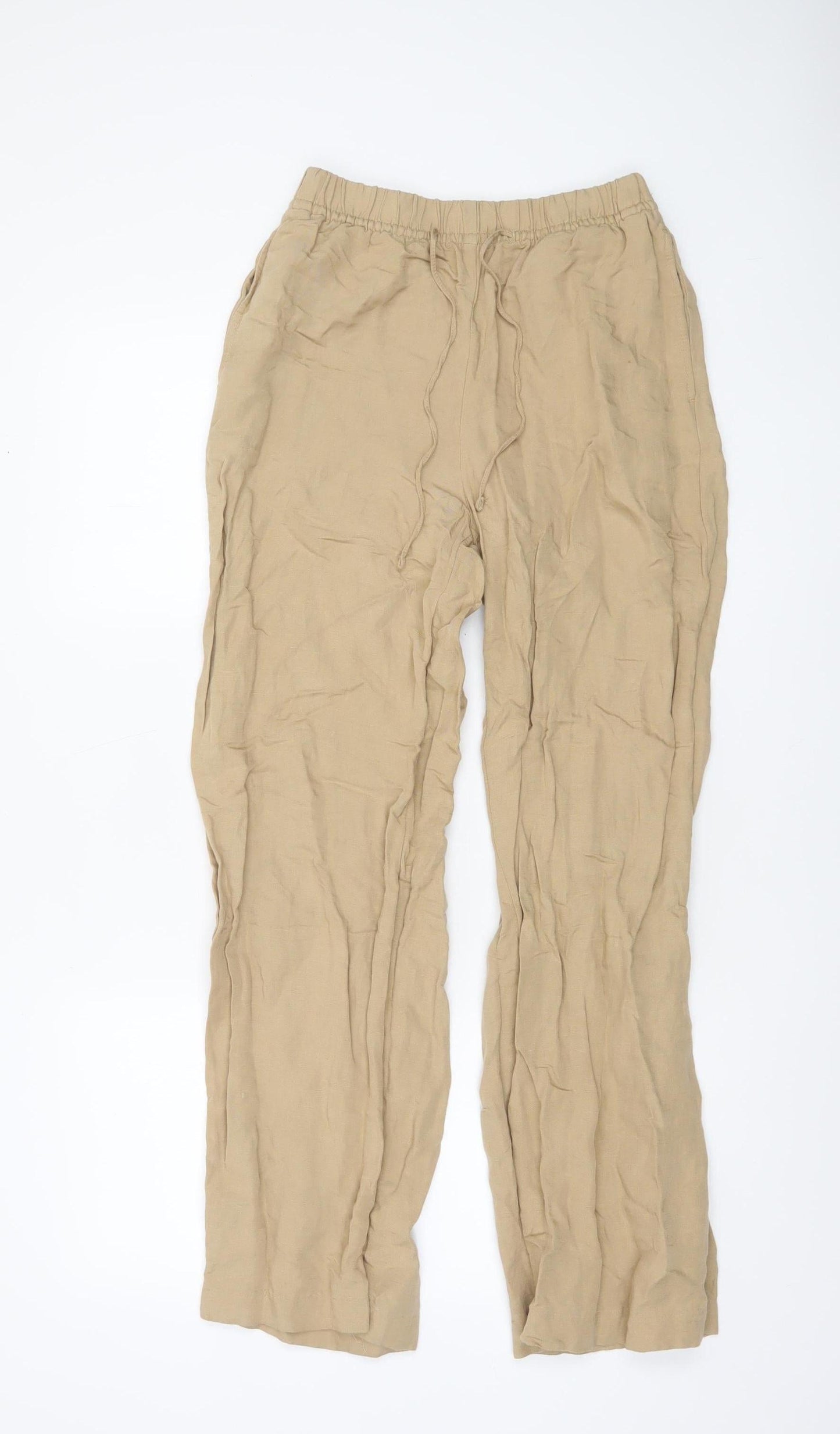 H&M Women Beige Linen Blend Drawstring Trousers XS Relaxed Fit