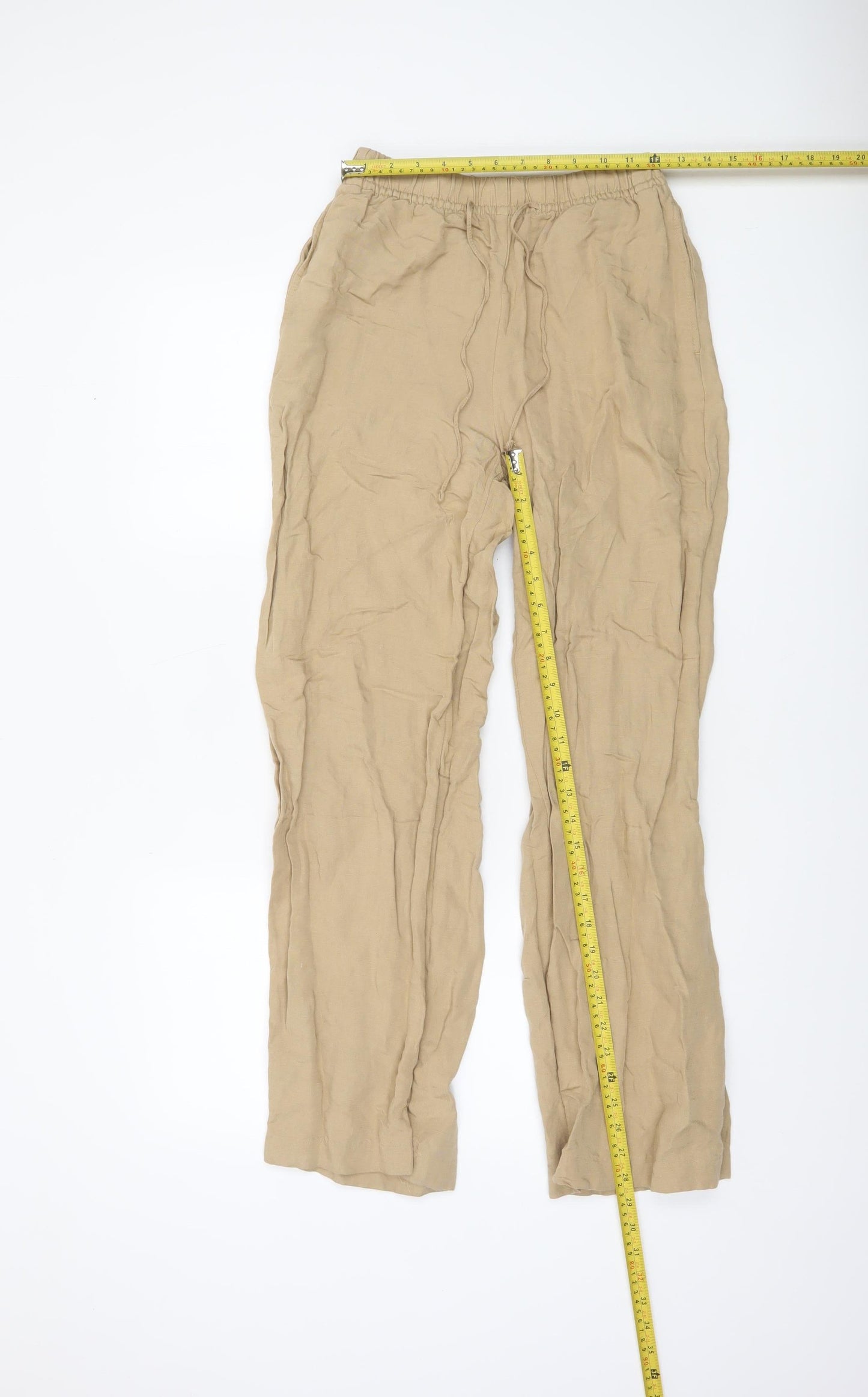H&M Women Beige Linen Blend Drawstring Trousers XS Relaxed Fit