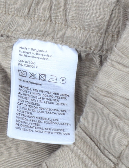 H&M Women Beige Linen Blend Drawstring Trousers XS Relaxed Fit