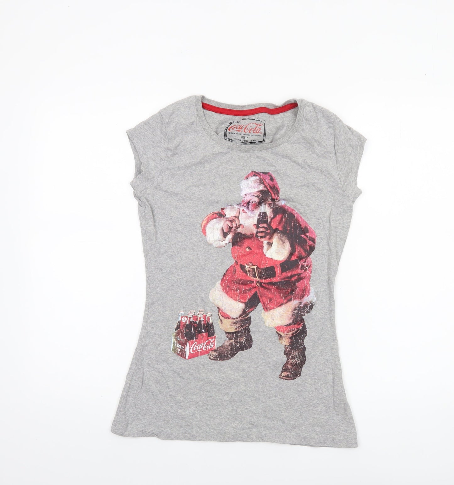 Coca-Cola Women Grey Size 12 Christmas Santa Graphic T-Shirt