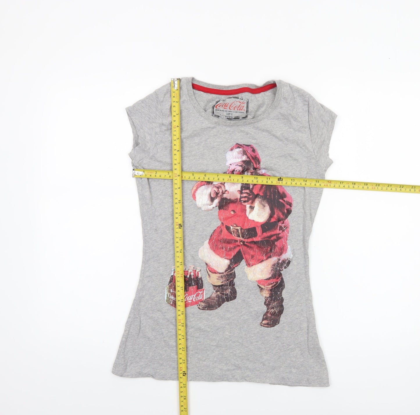 Coca-Cola Women Grey Size 12 Christmas Santa Graphic T-Shirt