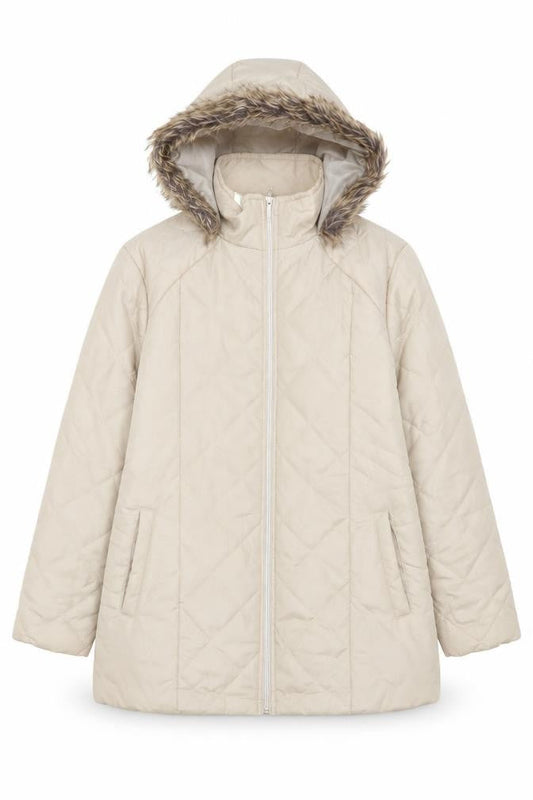 Front view of Anne de Lançay Women’s Beige Quilted Hooded Long Puffer Coat M