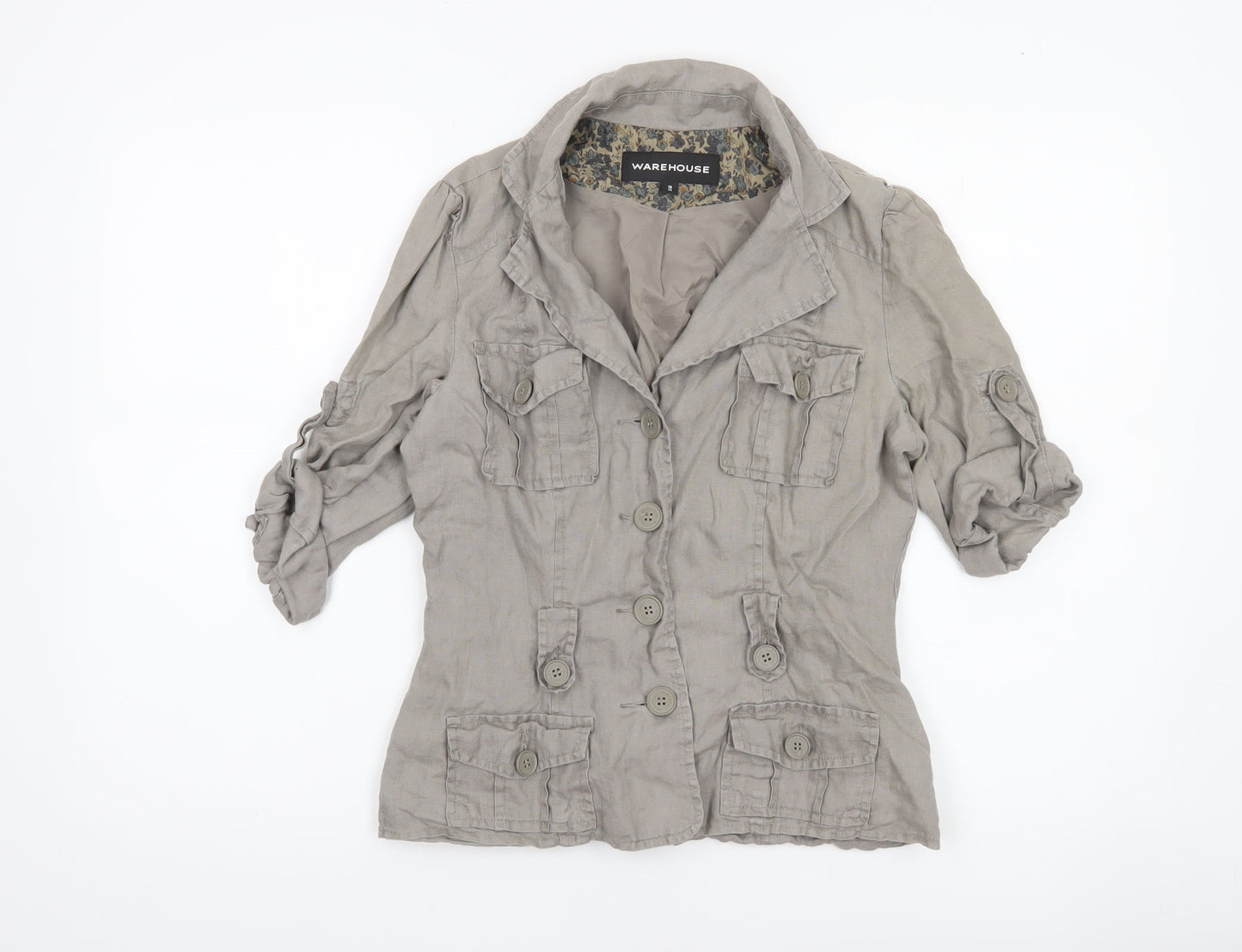 Warehouse Women Beige Linen Military Jacket Size 10 Short Sleeve