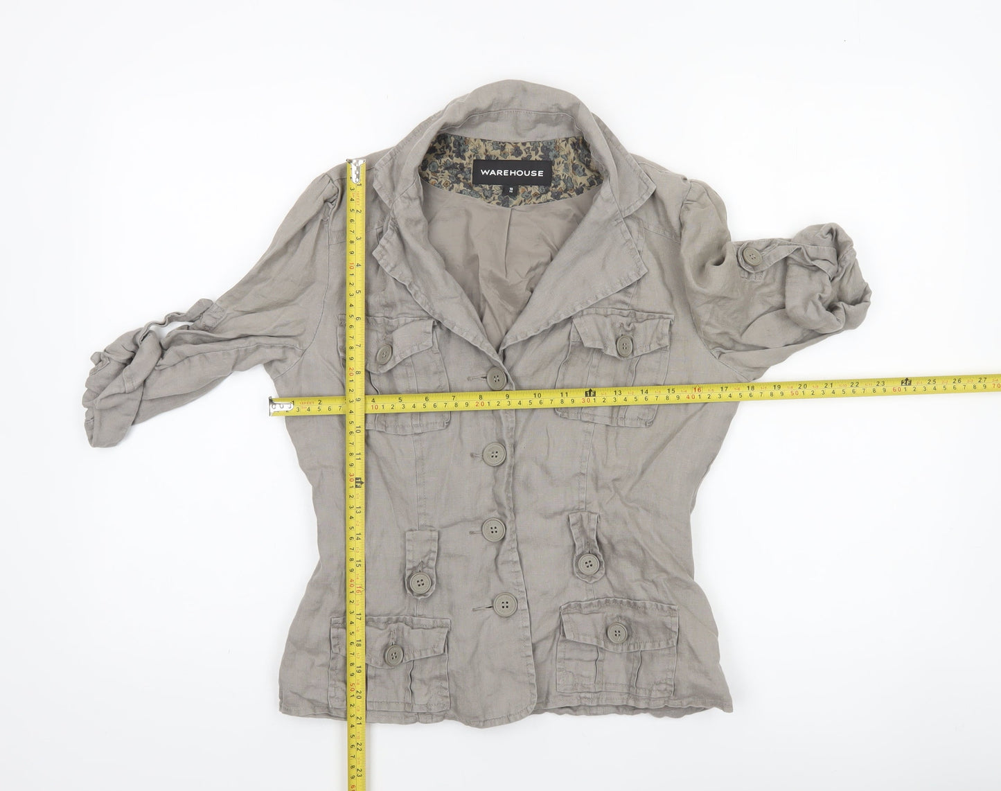 Warehouse Women Beige Linen Military Jacket Size 10 Short Sleeve