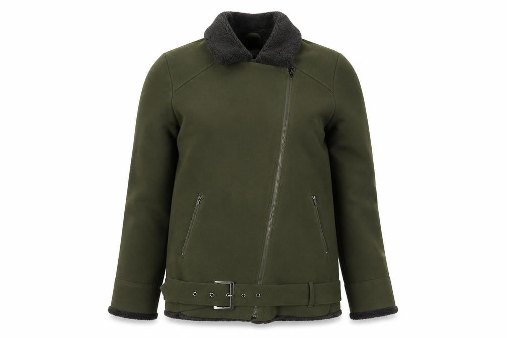 Native Youth Women's Green XS Biker Jacket with Belt and Faux Shearling Lining