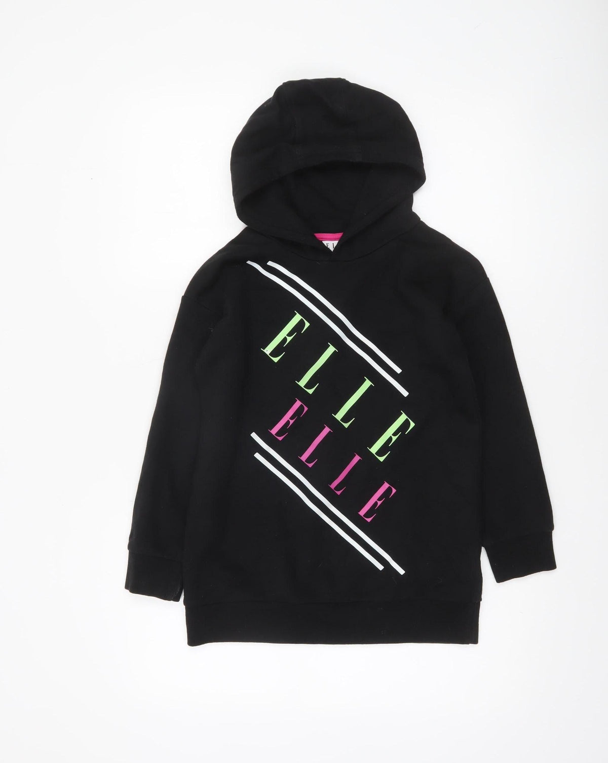 Elle Girls Black Hooded Pullover Hoodie 8-9 Years Logo Print Cotton Blend