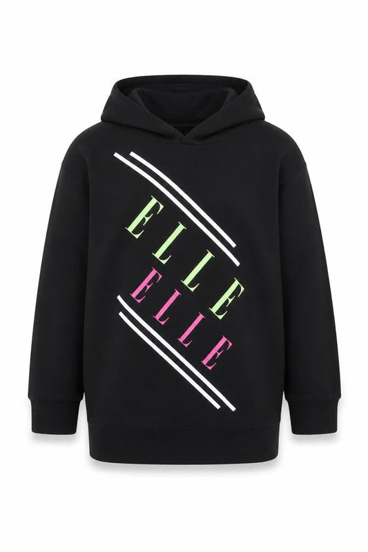 ELLE Girls Black Hooded Pullover Hoodie 8-9 Years Logo Print Cotton Blend