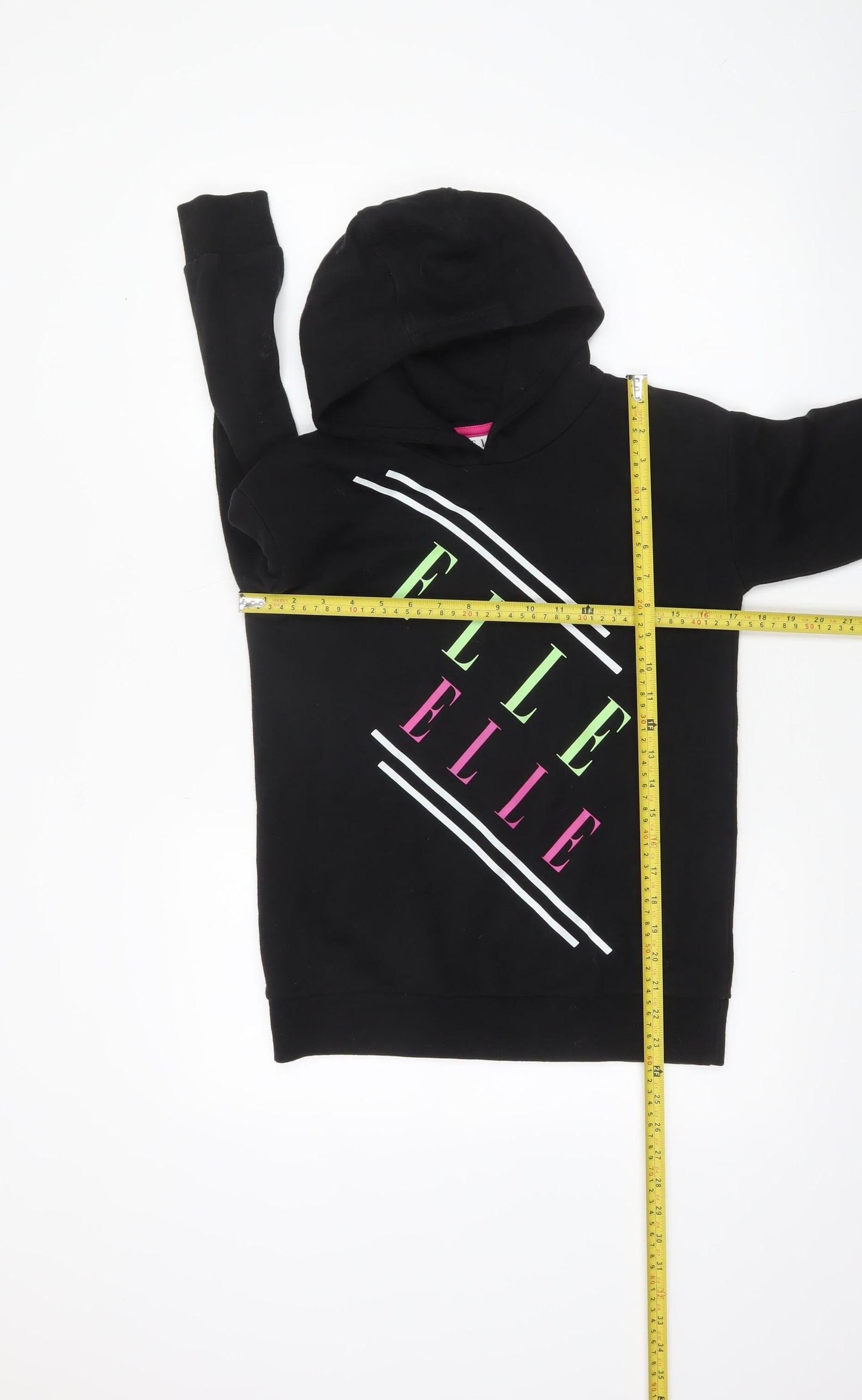 Elle Girls Black Hooded Pullover Hoodie 8-9 Years Logo Print Cotton Blend