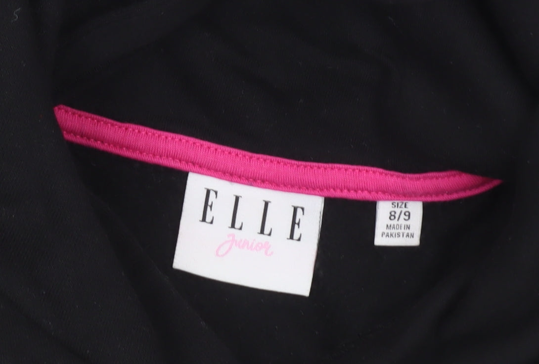 Elle Girls Black Hooded Pullover Hoodie 8-9 Years Logo Print Cotton Blend