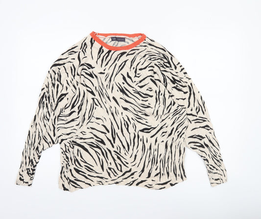 Marks and Spencer Women Beige Black Animal Print Jumper L Crew Neck Relaxed Fit