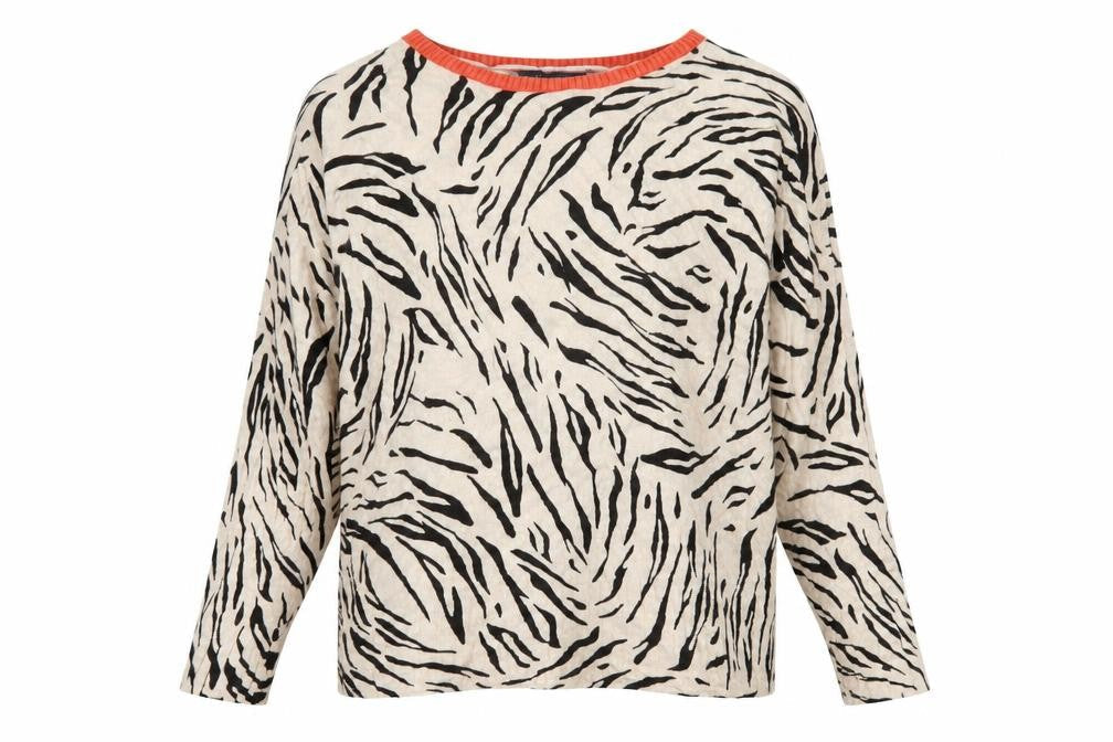 Marks & Spencer Women Beige Black Animal Print Jumper L Crew Neck Relaxed Fit
