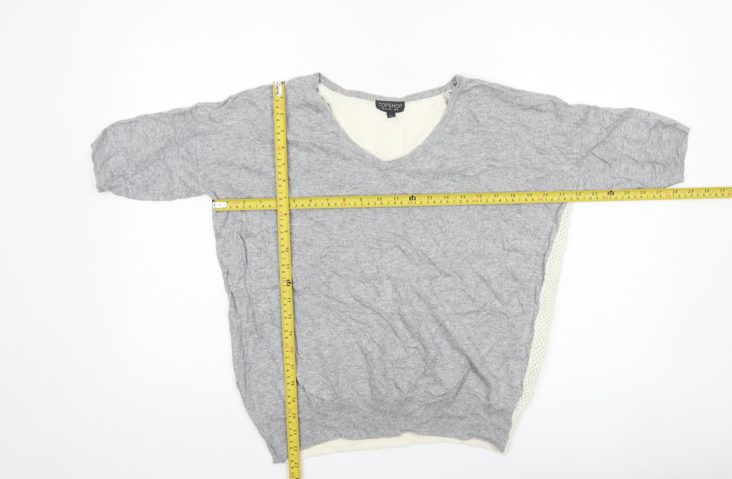 Topshop Women's Grey V-Neck Short Sleeve Relaxed Knit Jumper Size 8