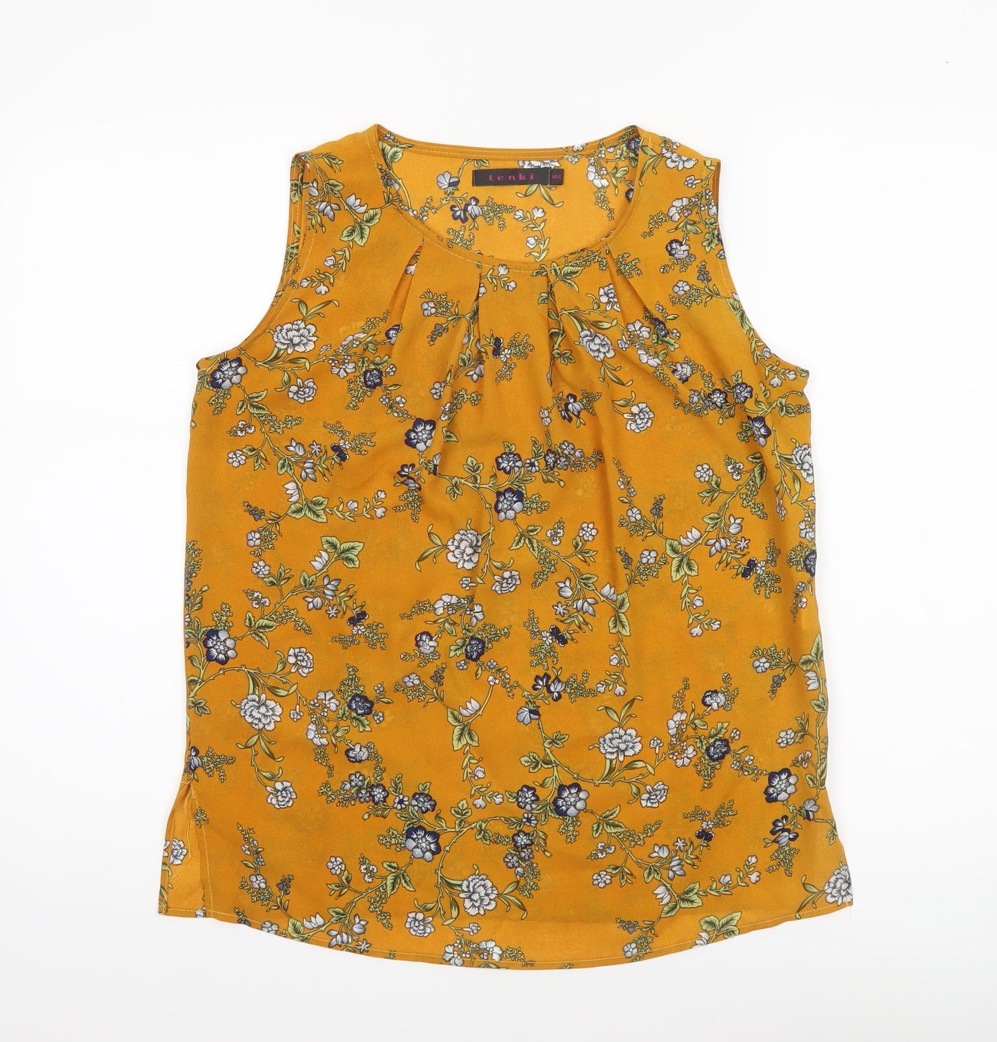 Tenki Women Yellow Floral Sleeveless Blouse M Woven Pleated Top