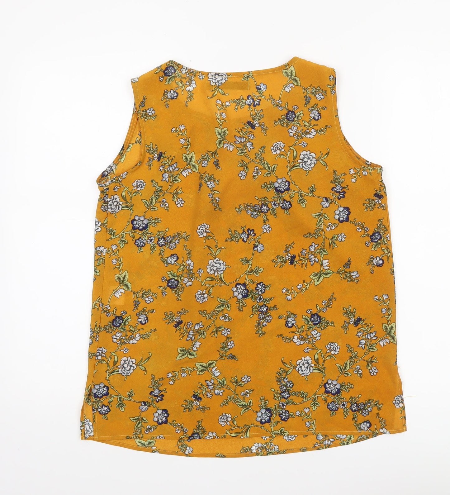 Tenki Women Yellow Floral Sleeveless Blouse M Woven Pleated Top