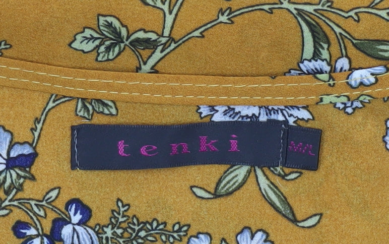 Tenki Women Yellow Floral Sleeveless Blouse M Woven Pleated Top