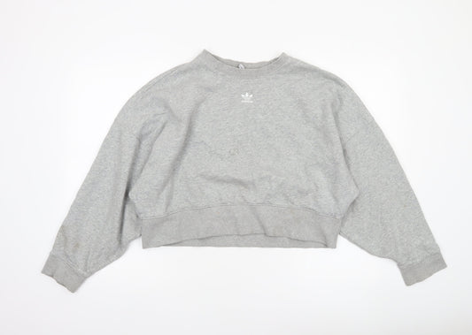 Adidas Women Grey Cropped Sweatshirt Size 10 Logo Crew Neck Pullover