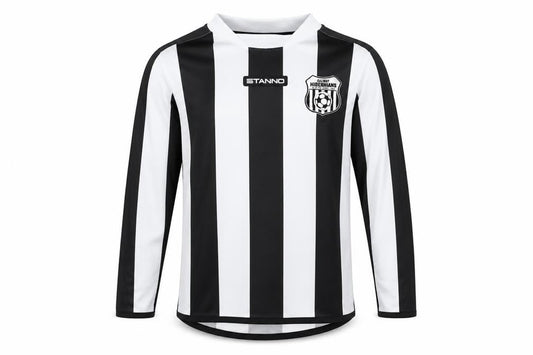 Front view of Stanno boys’ black white long sleeve football jersey shirt, size 12, years