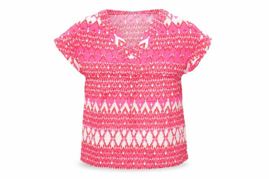 Front view of Jaeger Women's Pink Geometric Linen V-Neck Short Sleeve Tunic Blouse, size 8