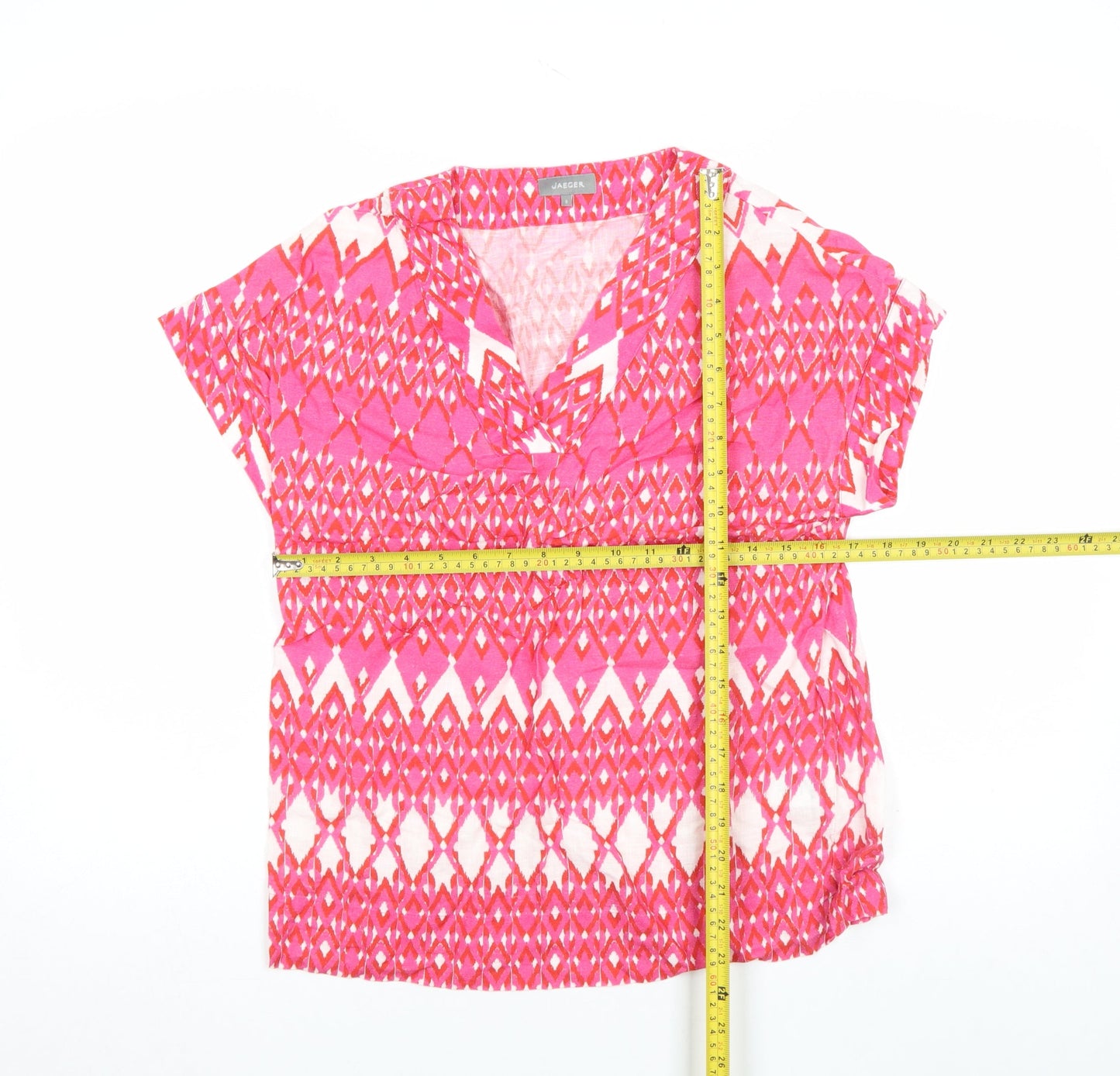 Jaeger Women's Pink Geometric Linen V-Neck Short Sleeve Tunic Blouse Size 8