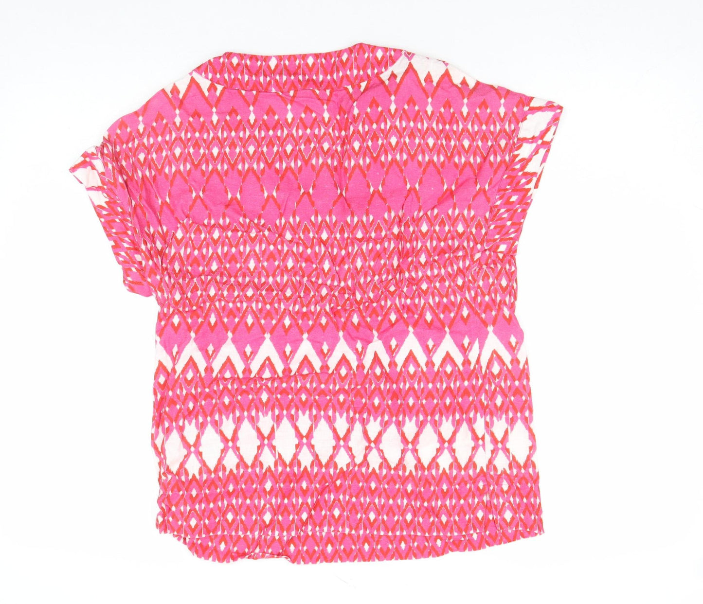 Jaeger Women's Pink Geometric Linen V-Neck Short Sleeve Tunic Blouse Size 8