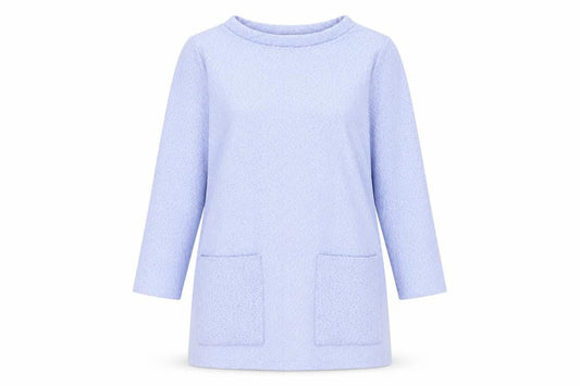 Front view of Gallery Women's Blue Boat Neck 3/4 Sleeve Tunic Top, size S