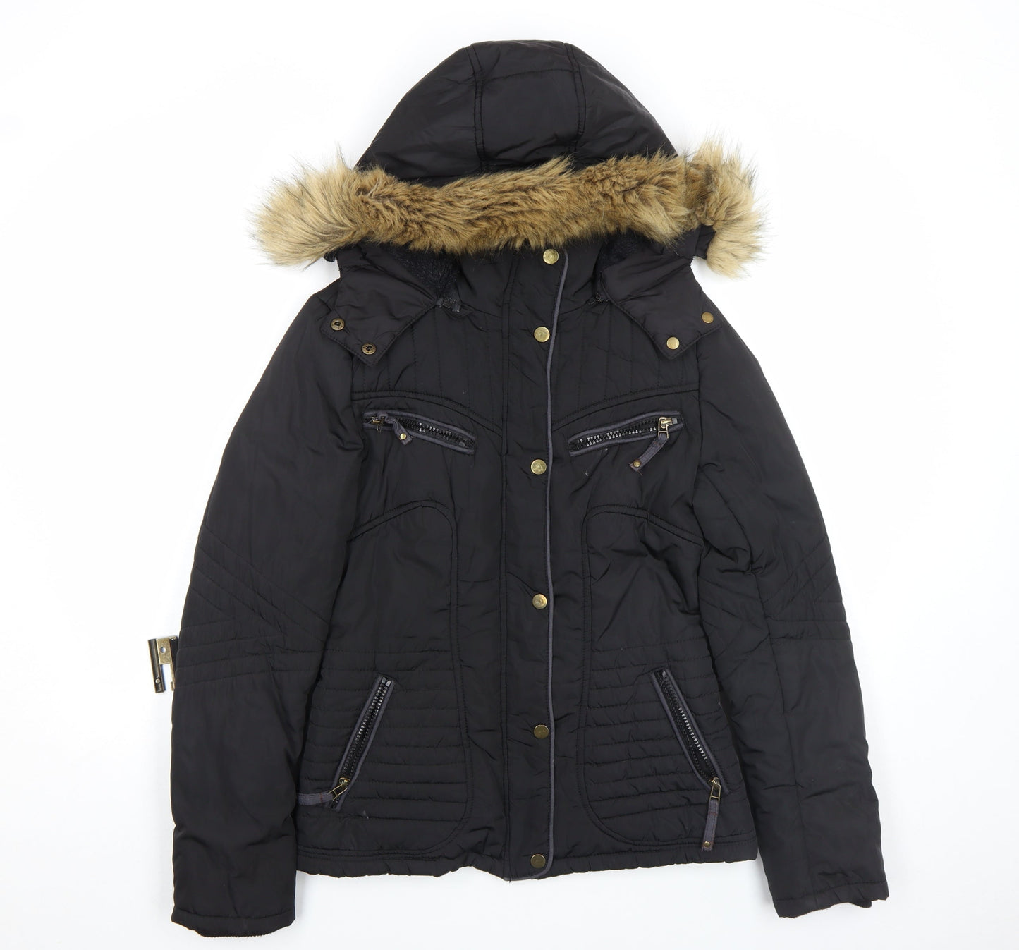 Jump & Fish Women's Black Fur Trim Hooded Puffer Jacket Size S