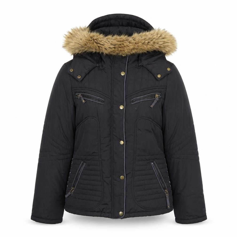 Jump & Fish Women's Black Fur Trim Hooded Puffer Jacket Size S