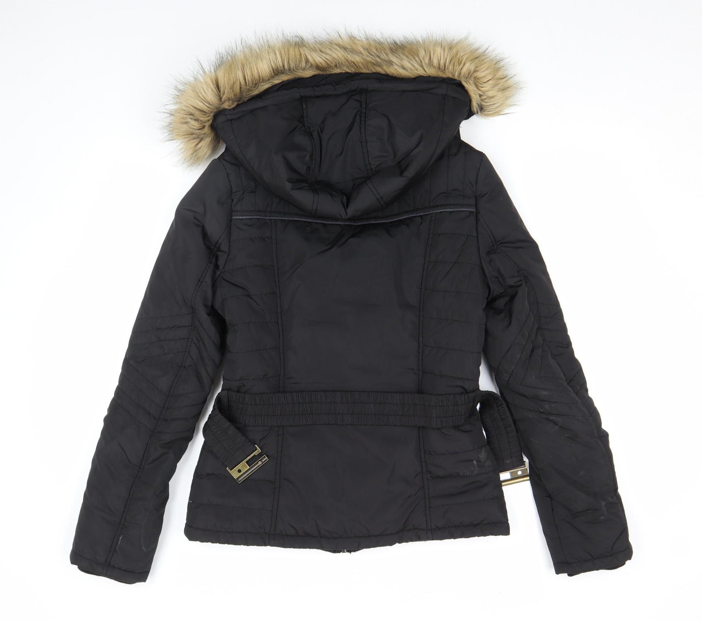 Jump & Fish Women's Black Fur Trim Hooded Puffer Jacket Size S
