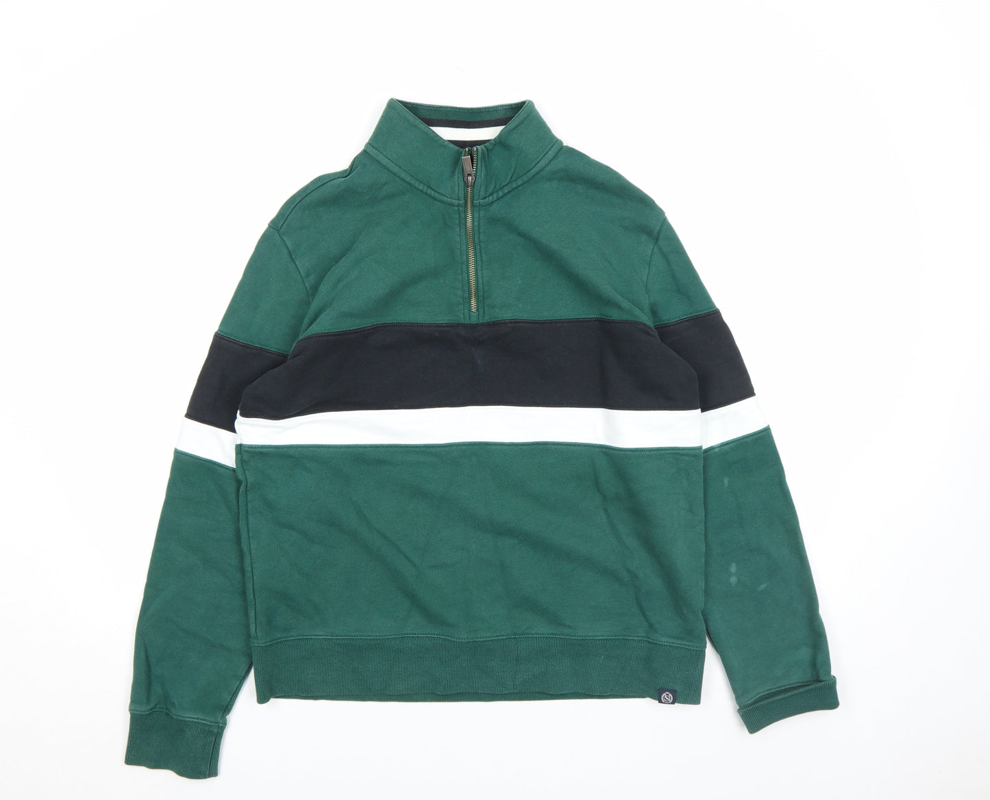 Marks and Spencer Men's Green Striped 1/2 Zip Sweatshirt M