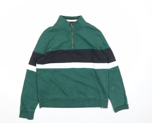 Marks and Spencer Men's Green Striped 1/2 Zip Sweatshirt M