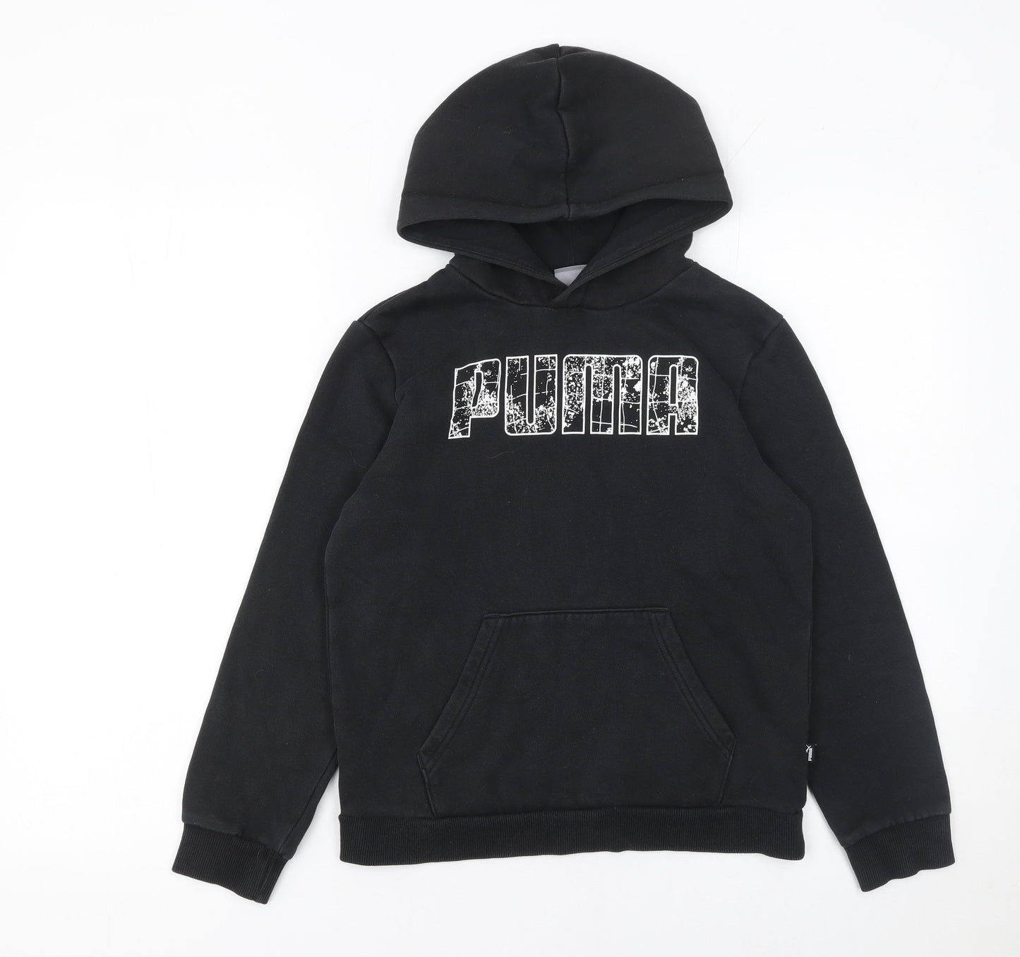Puma Boys Black Graphic Logo Pullover Hoodie 11-12 Years Fleece Cotton