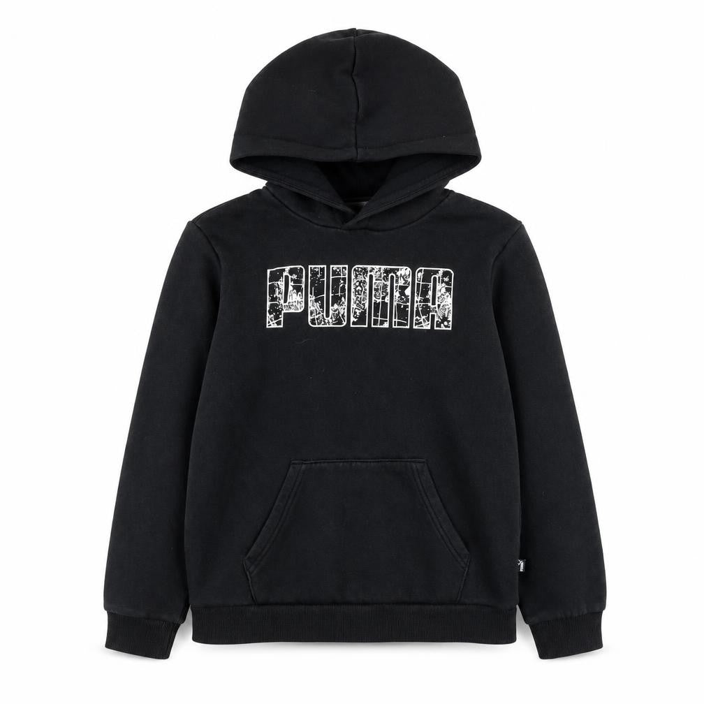 Puma Boys Black Graphic Logo Pullover Hoodie 11-12 Years Fleece Cotton
